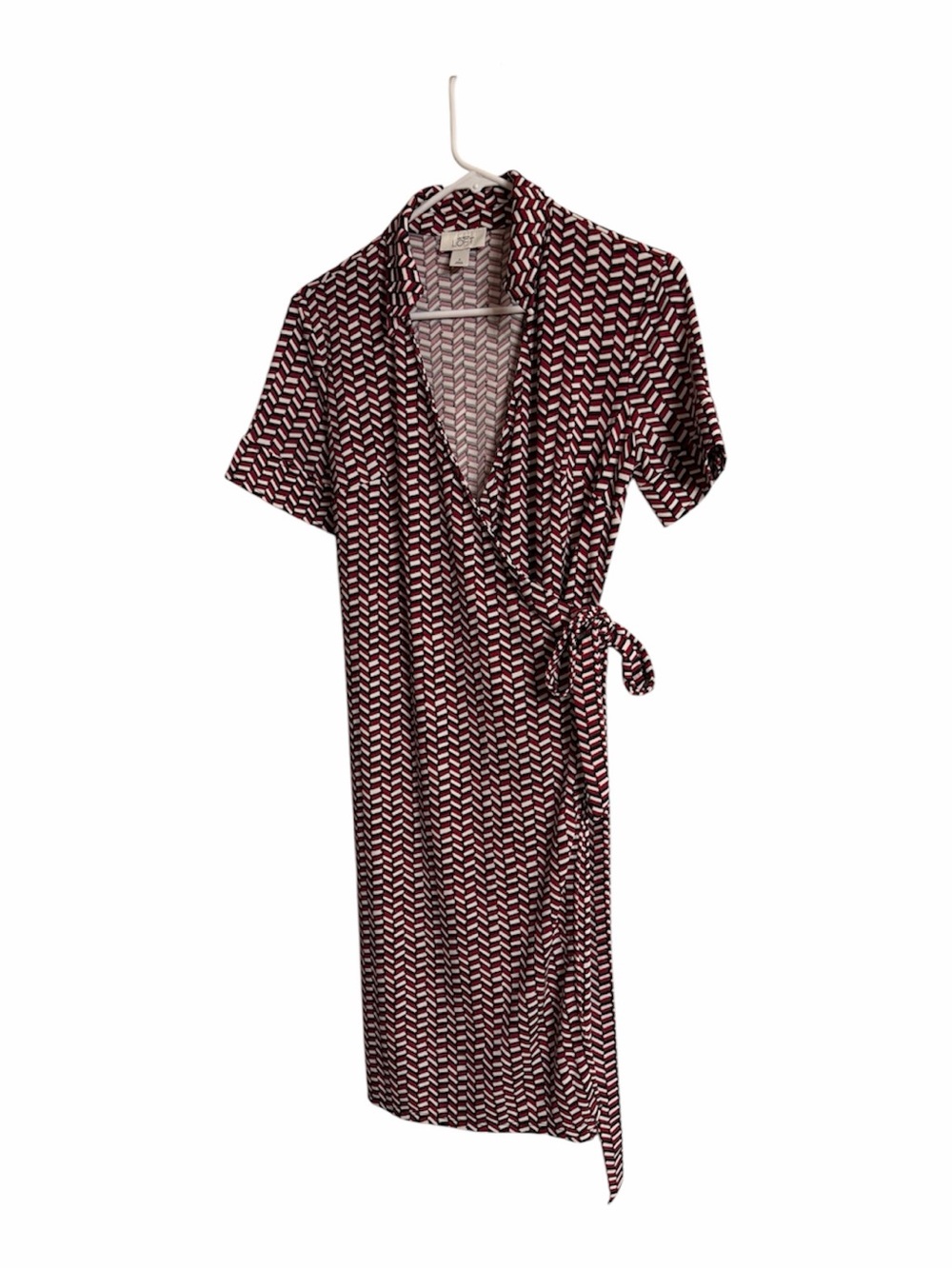 LOFT  Burgundy Blk White Geometric Wrap Midi Dress Size 4